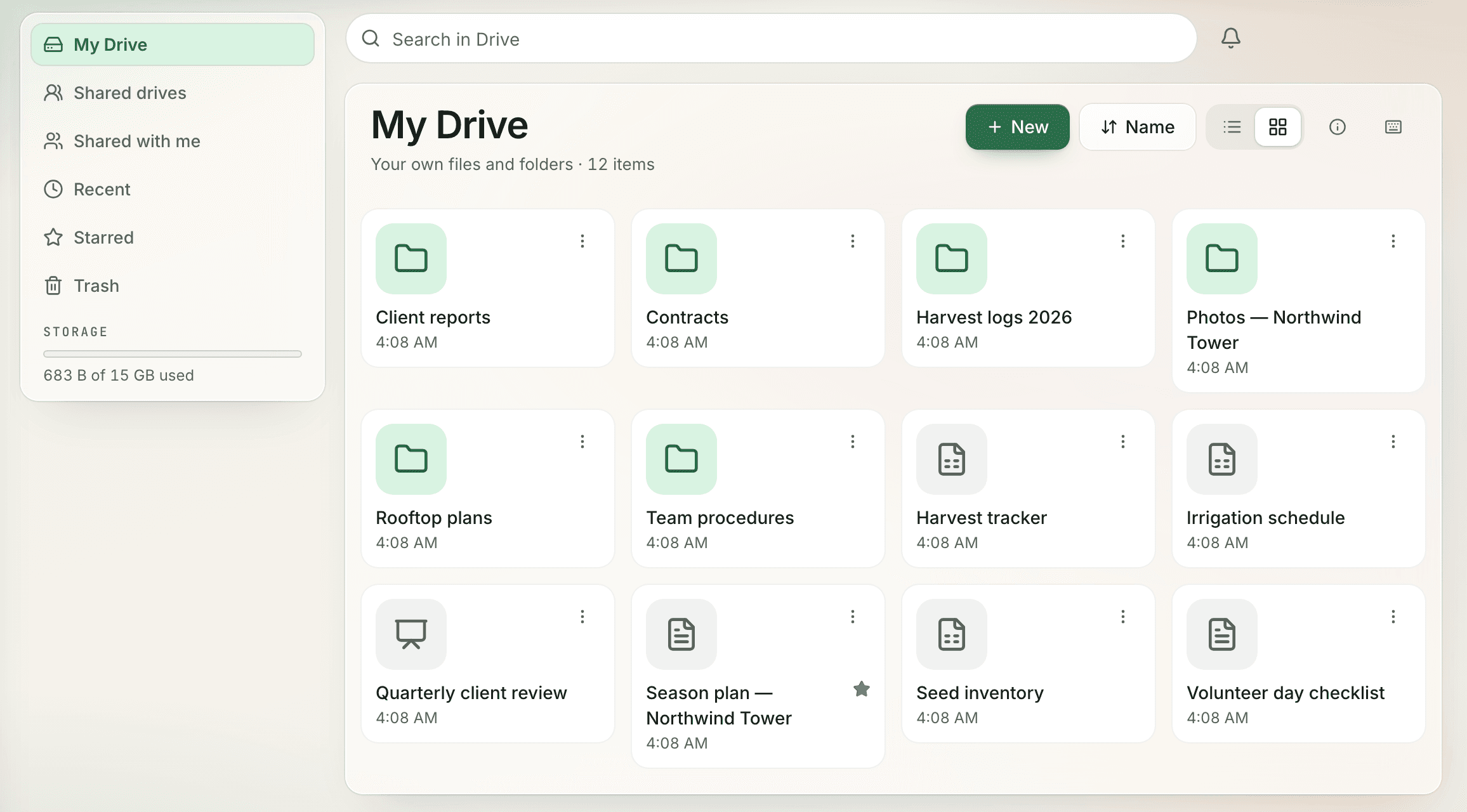 MyUrbanFarm Drive showing a team's folders, documents, spreadsheets and slides in a grid