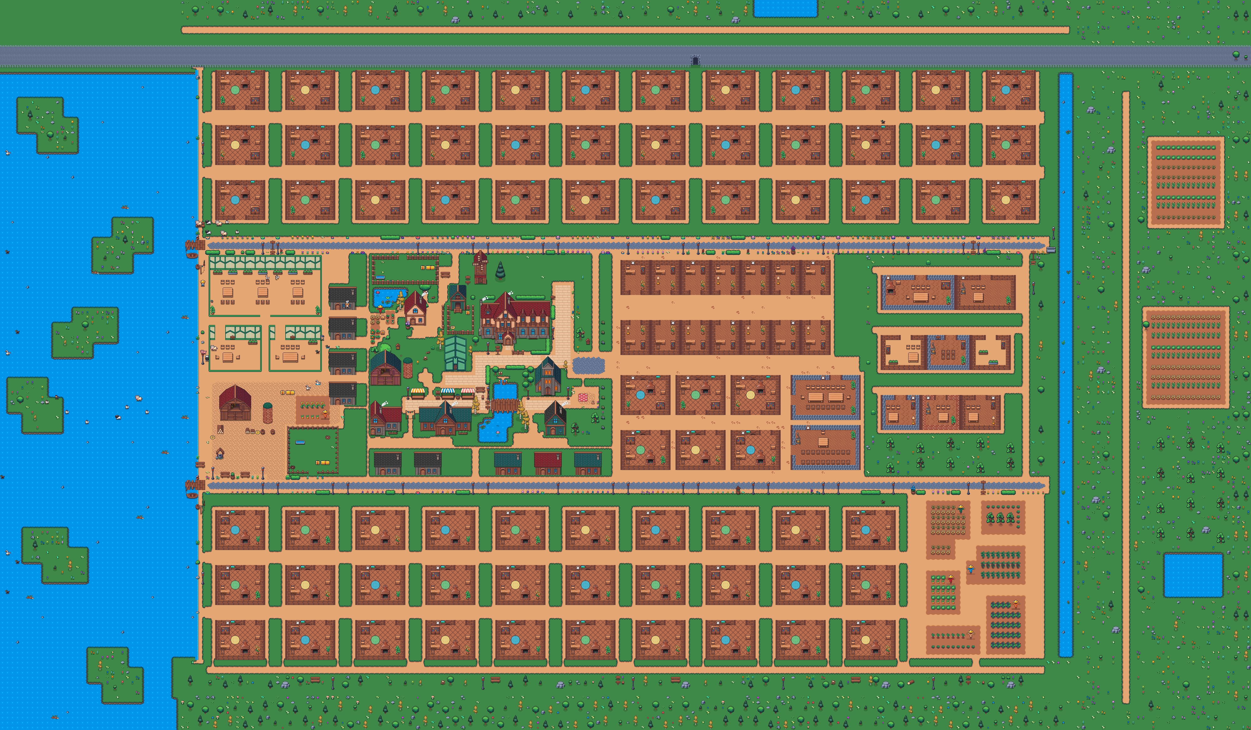 Les salles de réunion, les bureaux et la place centrale du bureau virtuel en pixel art.